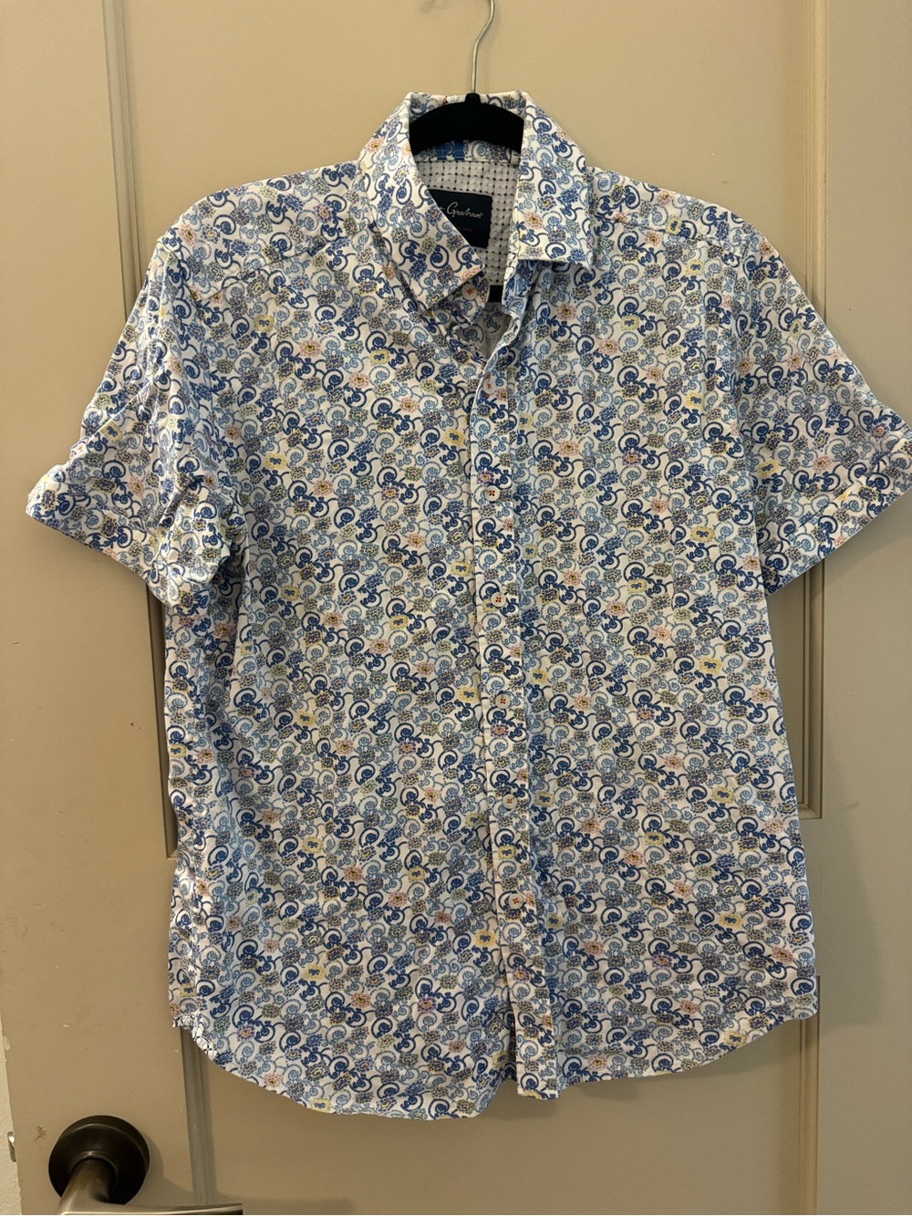Robert Graham Men's Short Sleeve Button-Up Shirt - Blue Floral Print Medium